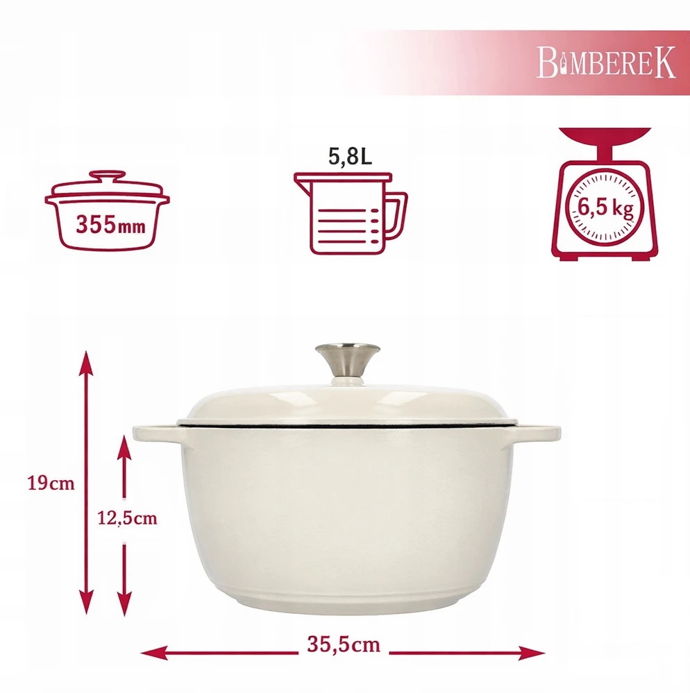 Bimberek Emaliuotas ketaus puodas 5,8L ECRU su dangteliu, indukcinių dujų indas
