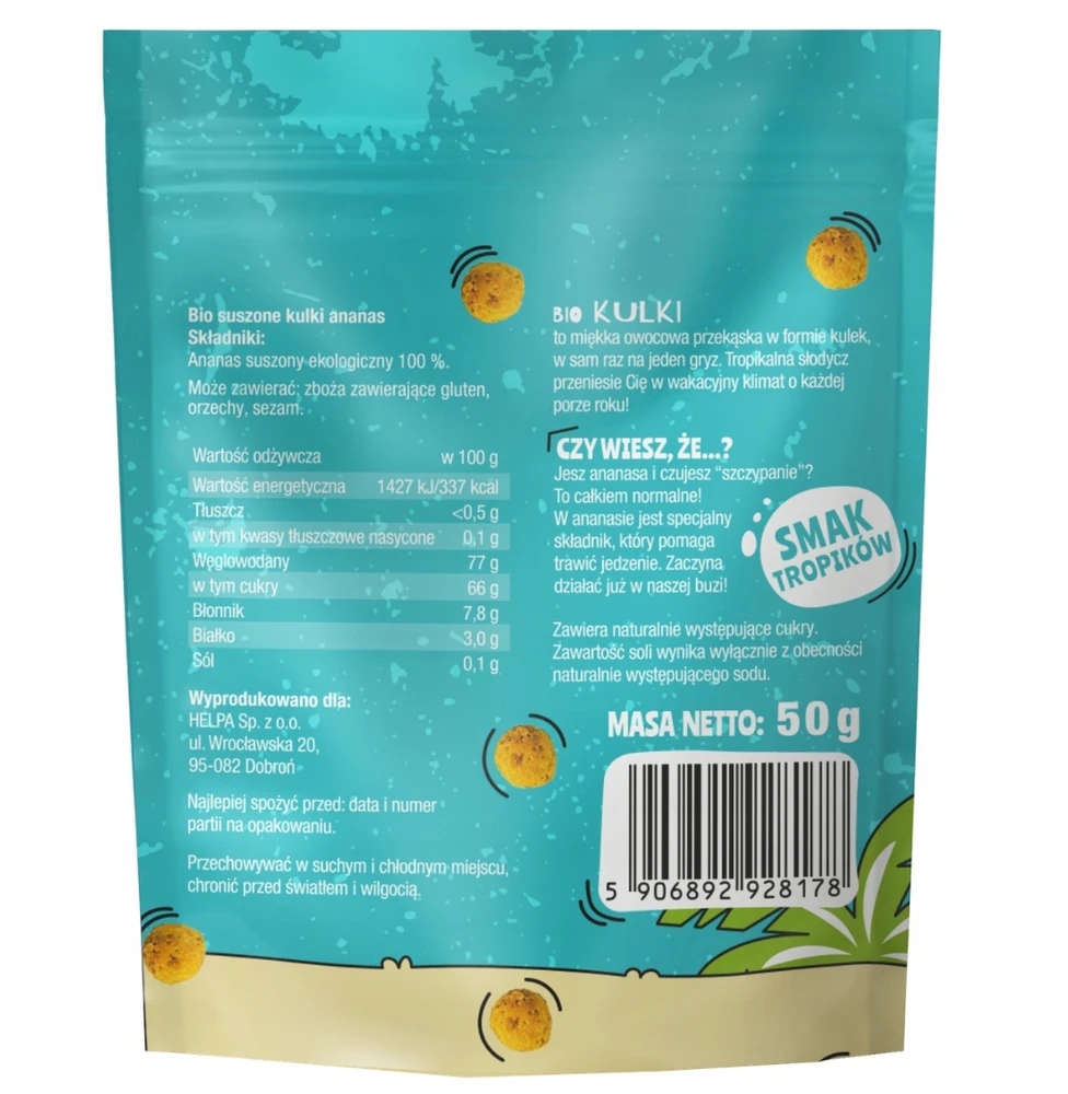 Bio Ananasų rutuliukai 50 g HELPA be pridėtinio cukraus