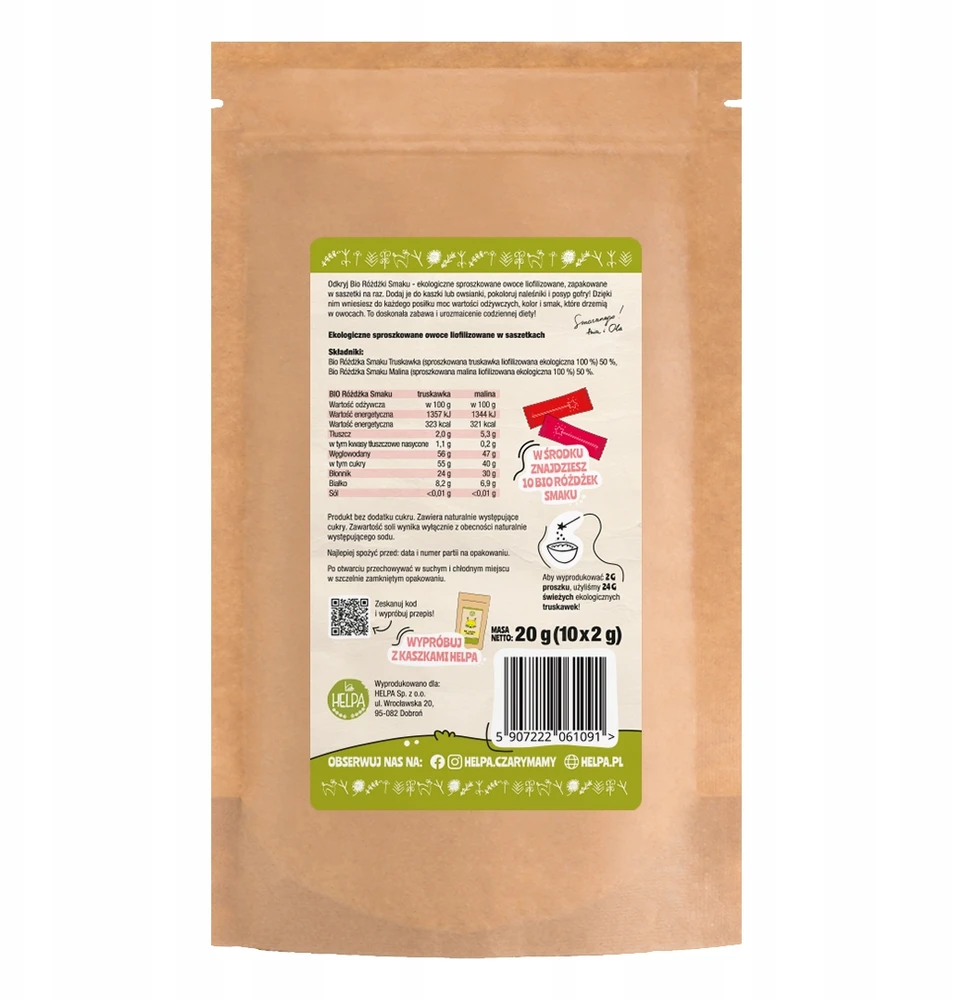 Bio Flavour Wands Strawberry Raspberry HELPA 20 g liofilizuotų vaisių miltelių