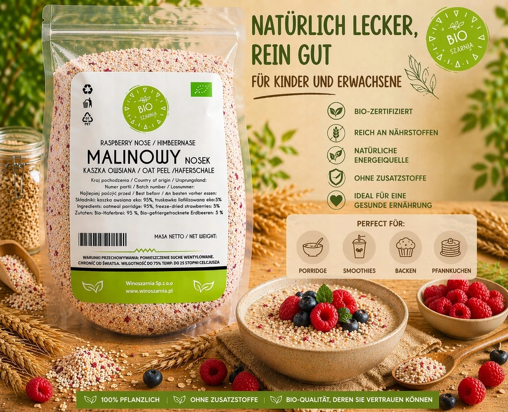 BIO Raspberry Nosek Košė - Avižų košė su liofilizuotomis avietėmis