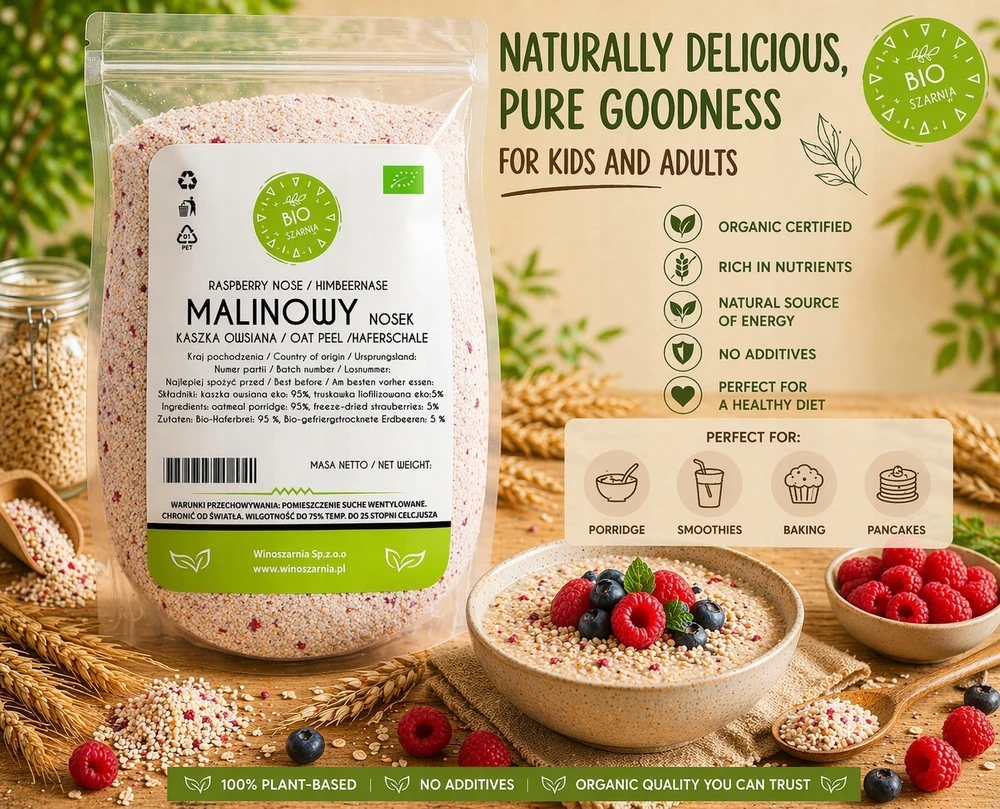 BIO Raspberry Nosek Košė - Avižų košė su liofilizuotomis avietėmis