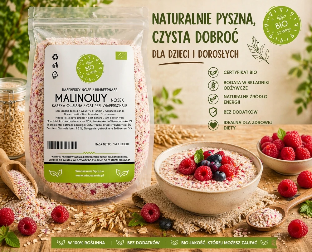 BIO Raspberry Nosek Košė - Avižų košė su liofilizuotomis avietėmis