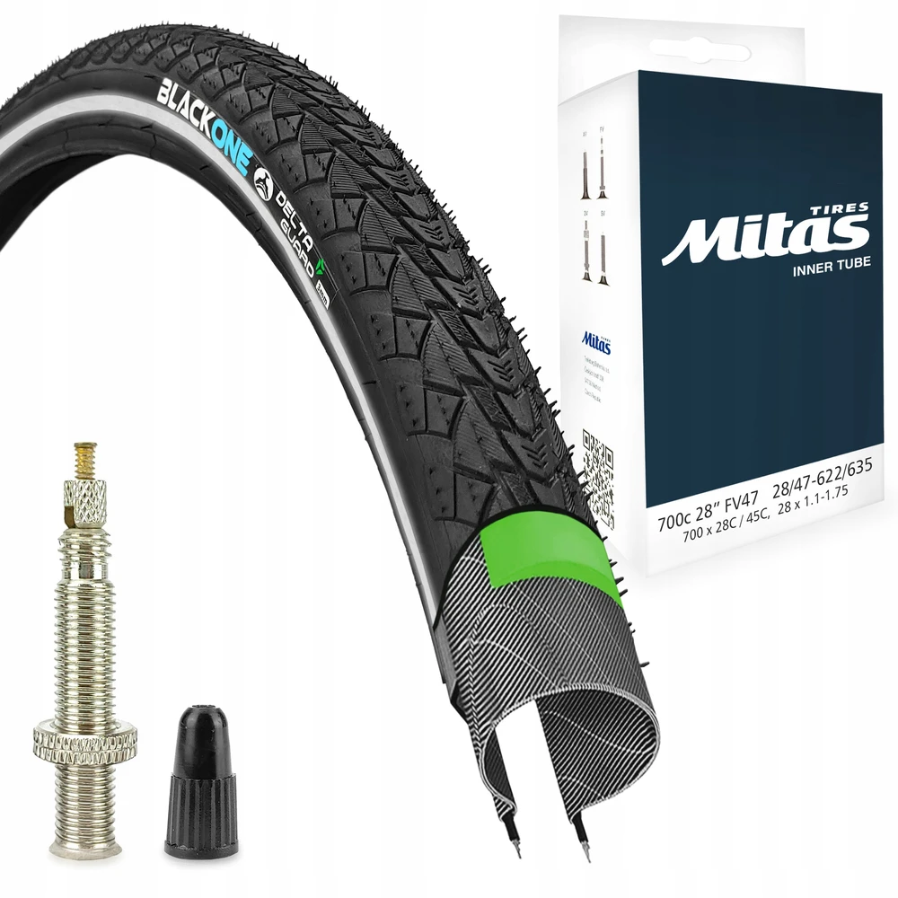 Black1 Šviesą atspindinčių padangų komplektas BLACKONE ACTIVE+ 28x1.60 42-622 + MITAS kamera - FV