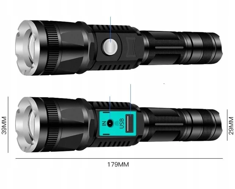 Blashorn Taktinis LED žibintuvėlis CREE XML-T6 ZOOM su maitinimo baterija