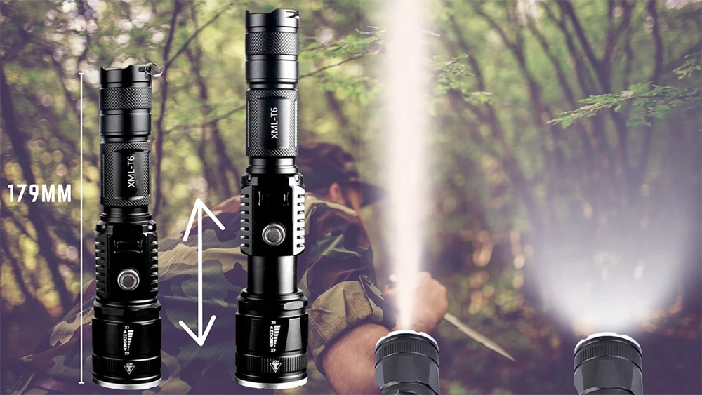 Blashorn Taktinis LED žibintuvėlis CREE XML-T6 ZOOM su maitinimo baterija