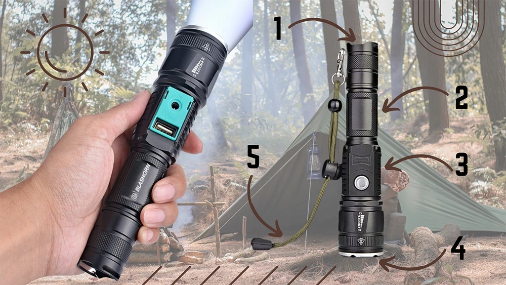 Blashorn Taktinis LED žibintuvėlis CREE XML-T6 ZOOM su maitinimo baterija