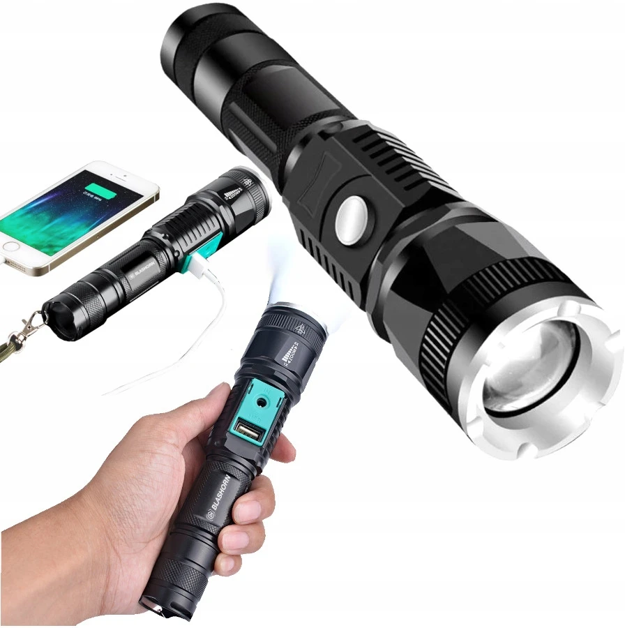 Blashorn Taktinis LED žibintuvėlis CREE XML-T6 ZOOM su maitinimo baterija