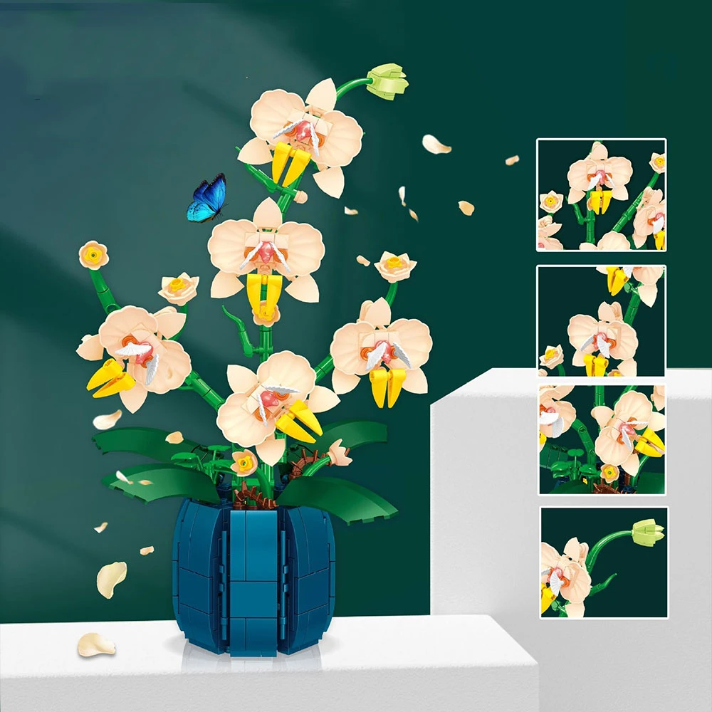 BLOKĖS PUOKŠTĖ ORCHIDĖJŲ GĖLĖS DIDELIS RINKINYS 616 ELEMENTŲ KONSTRUKCINIS RINKINYS