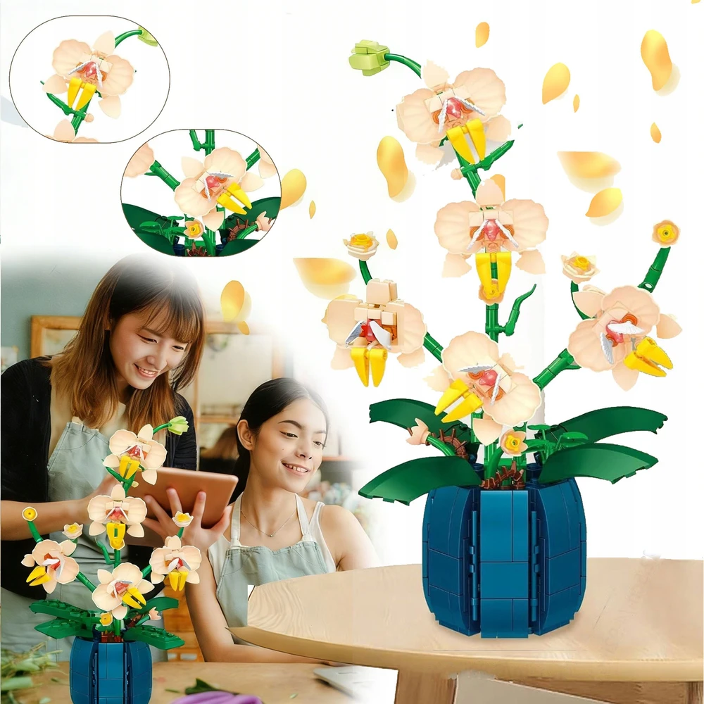 BLOKĖS PUOKŠTĖ ORCHIDĖJŲ GĖLĖS DIDELIS RINKINYS 616 ELEMENTŲ KONSTRUKCINIS RINKINYS