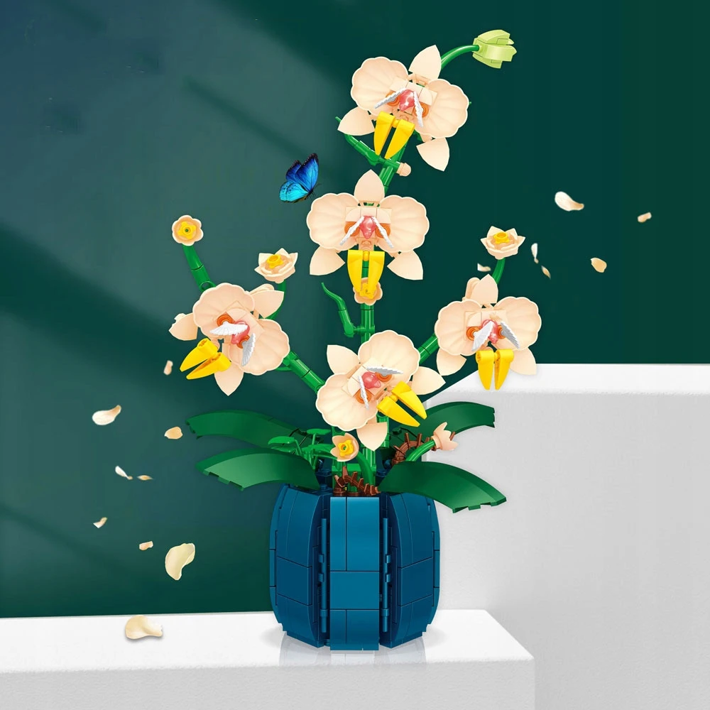 BLOKĖS PUOKŠTĖ ORCHIDĖJŲ GĖLĖS DIDELIS RINKINYS 616 ELEMENTŲ KONSTRUKCINIS RINKINYS