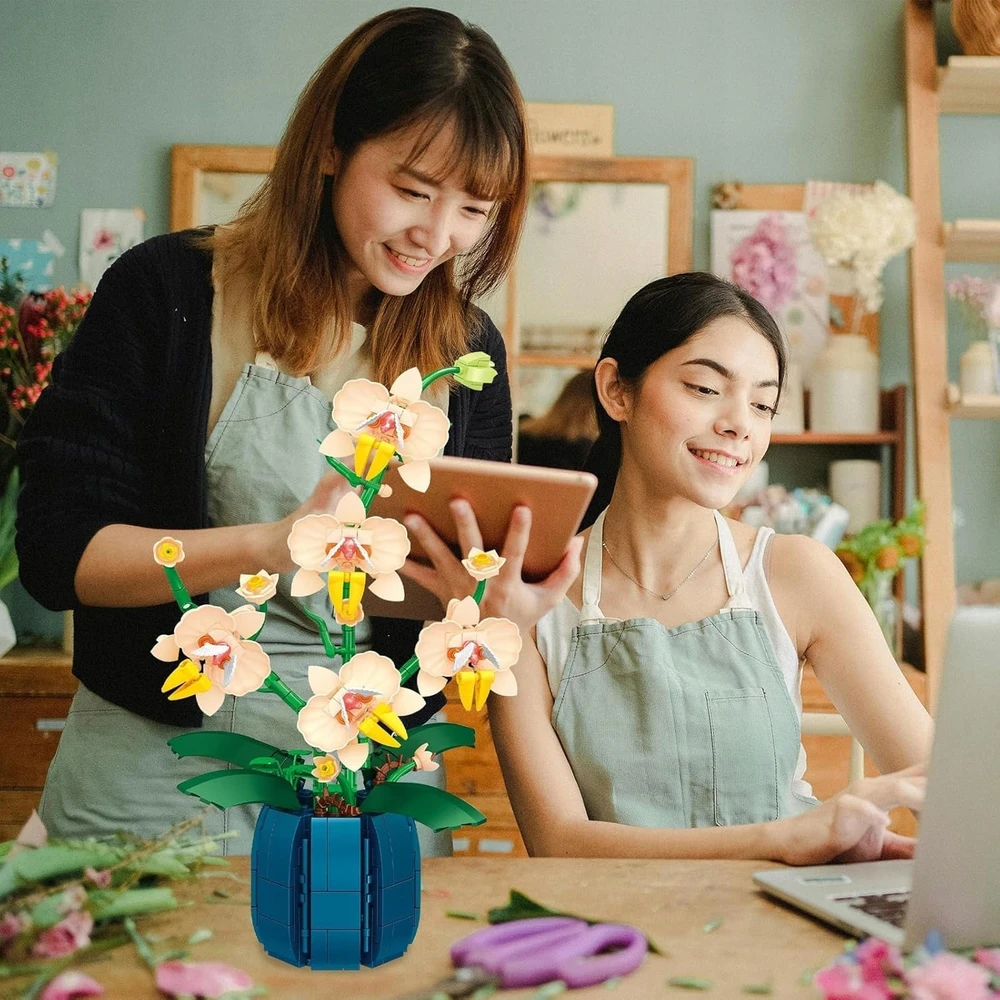 BLOKĖS PUOKŠTĖ ORCHIDĖJŲ GĖLĖS DIDELIS RINKINYS 616 ELEMENTŲ KONSTRUKCINIS RINKINYS