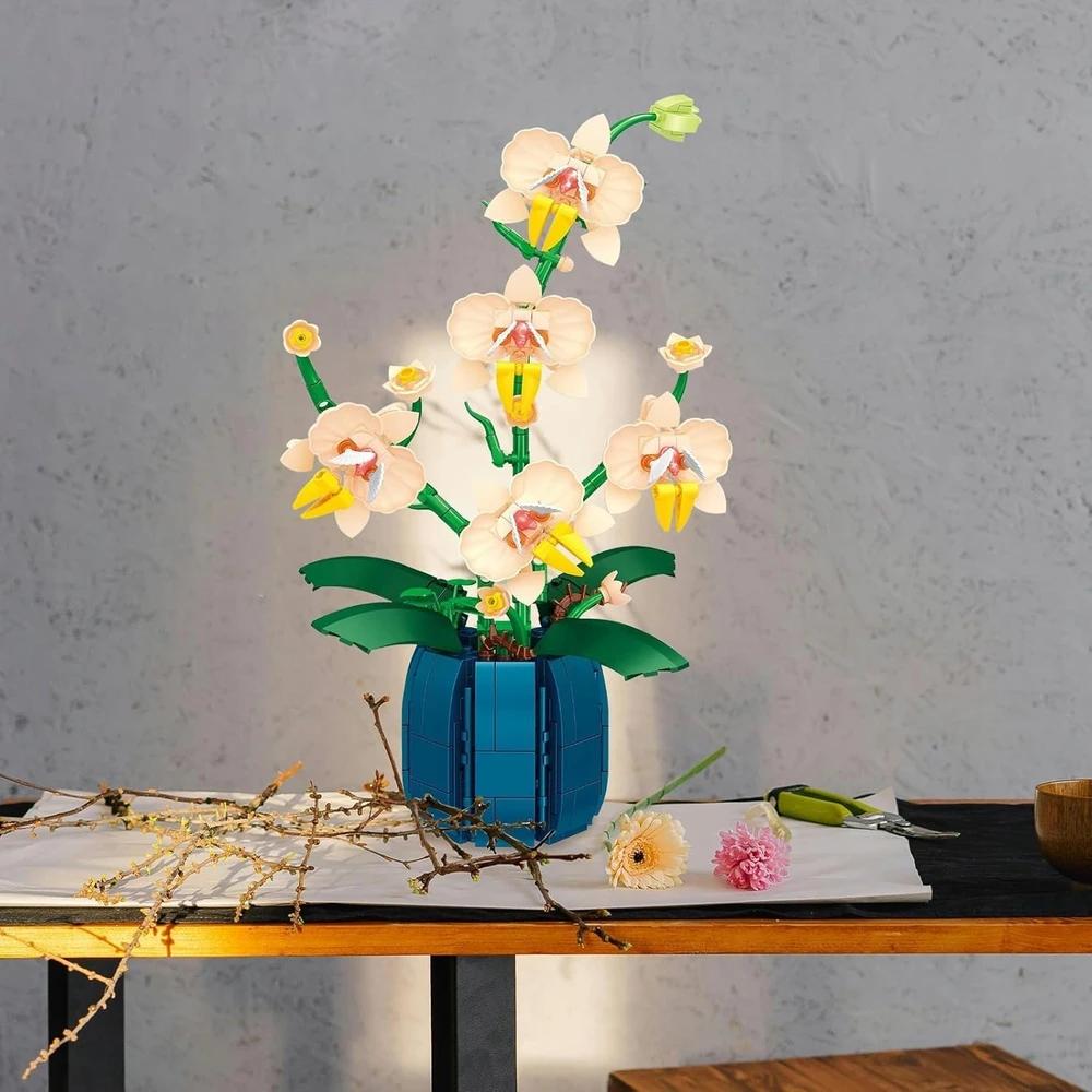 BLOKĖS PUOKŠTĖ ORCHIDĖJŲ GĖLĖS DIDELIS RINKINYS 616 ELEMENTŲ KONSTRUKCINIS RINKINYS