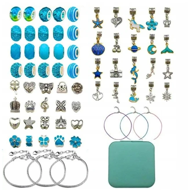 CHARMS Mėlynas BEADS RINKINYS, SKIRTA CHARMS APrankeles IR KORĖLIUS GAMINTI