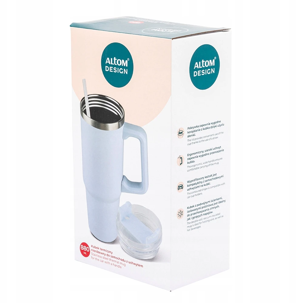 Altom Design Termopuodelis su šiaudeliais, nerūdijantis plienas, skirtas Altom automobiliui, 880ml Mėlyna