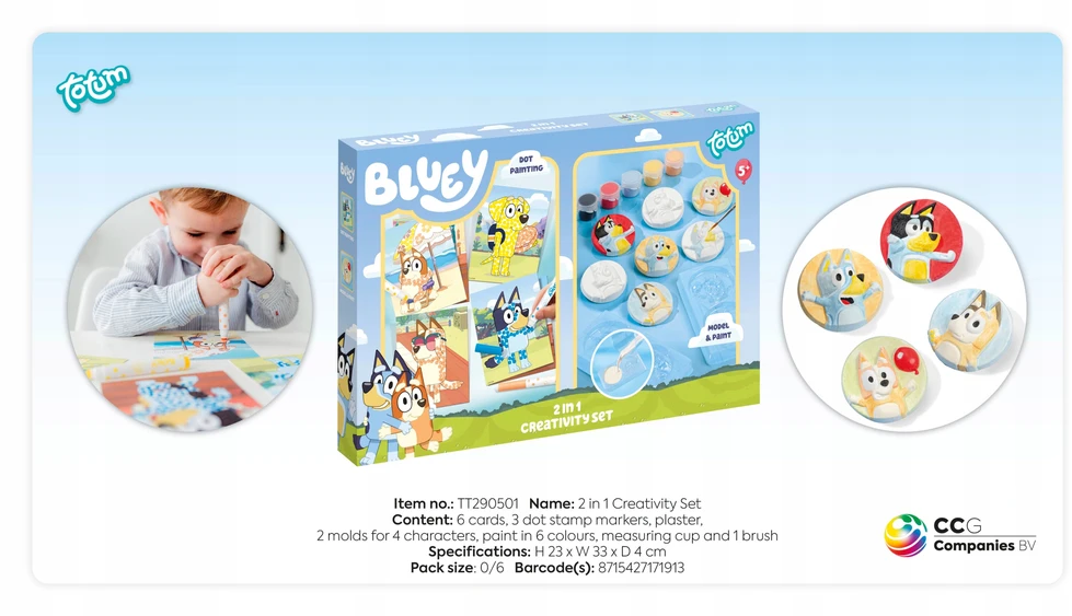 Bluey 2in1 Totum kūrybinis rinkinys, gipso figūrėlės ir antspaudų rašikliai