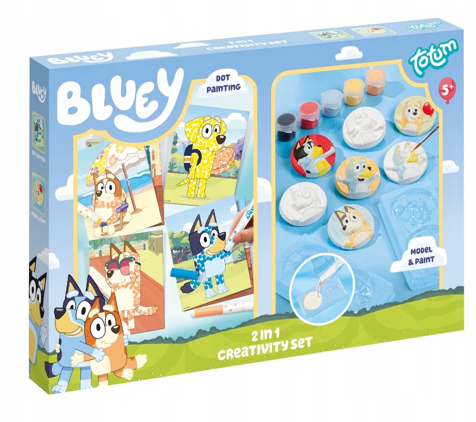 Bluey 2in1 Totum kūrybinis rinkinys, gipso figūrėlės ir antspaudų rašikliai
