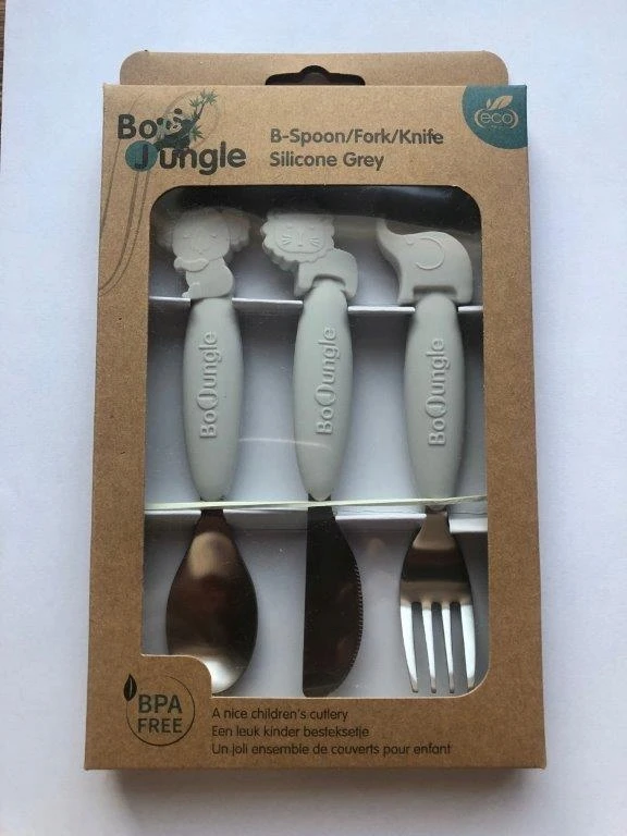 Bo Jungle B-Vaikiškų stalo įrankių rinkinys, silikonas/Inox pilka