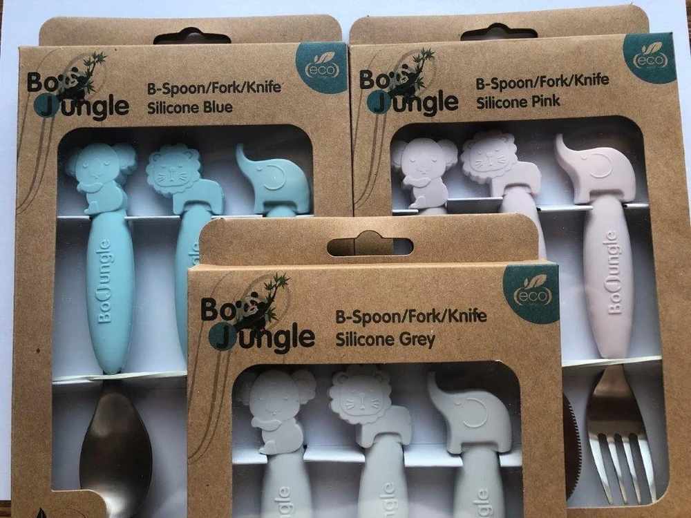 Bo Jungle B-Vaikiškų stalo įrankių rinkinys, silikonas/Inox pilka