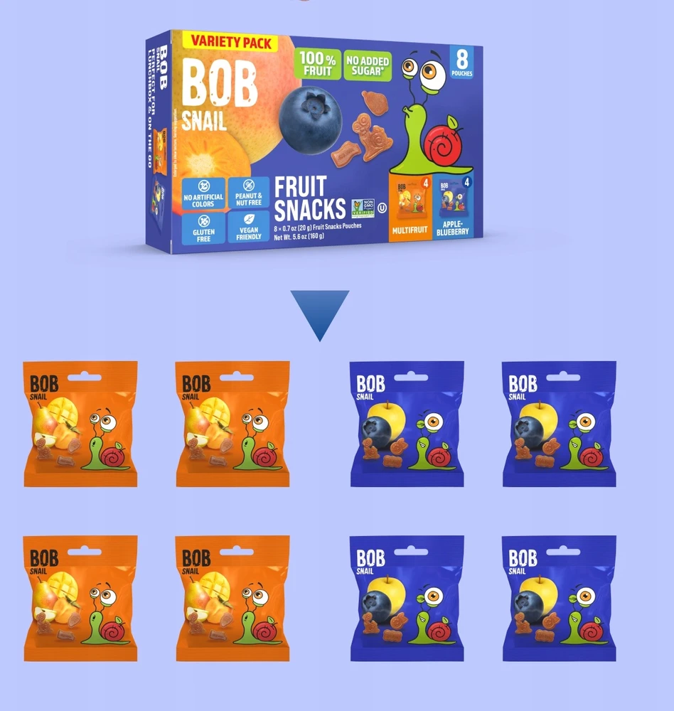 BOB SNAIL Blueberry Multifruit vaisių drebučiai 160g 8vnt, be cukraus, be glitimo