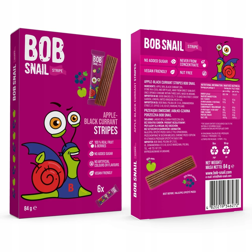 Bob Snail BOB SRAIGĖS Vaisių juostelės SKONIŲ MIŠINIS AVIEČIŲ JUODŲJŲ SERBENTŲ 588 g 42 vnt.