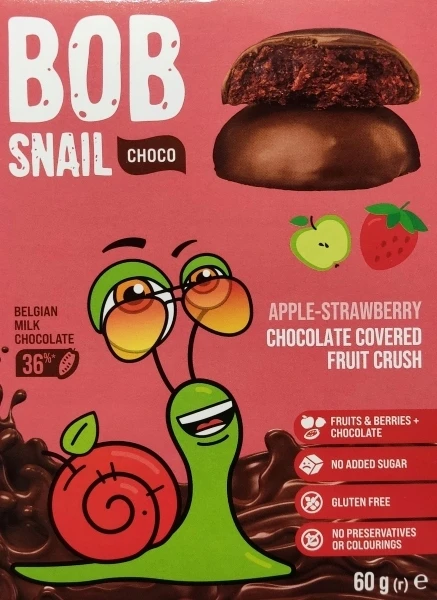 Bob Snail Bobo sraigių užkandžių pyragas obuolių braškės pieniniame šokolade 60g >>