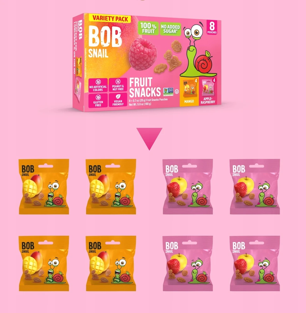 BOB SNAIL Mango Aviečių vaisių drebučiai 160g MIX 8vnt, be cukraus, be glitimo