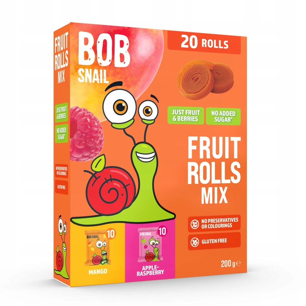 BOB SNAIL Mango Aviečių vaisių suktinukai 200g MIX 20vnt, be cukraus, be glitimo