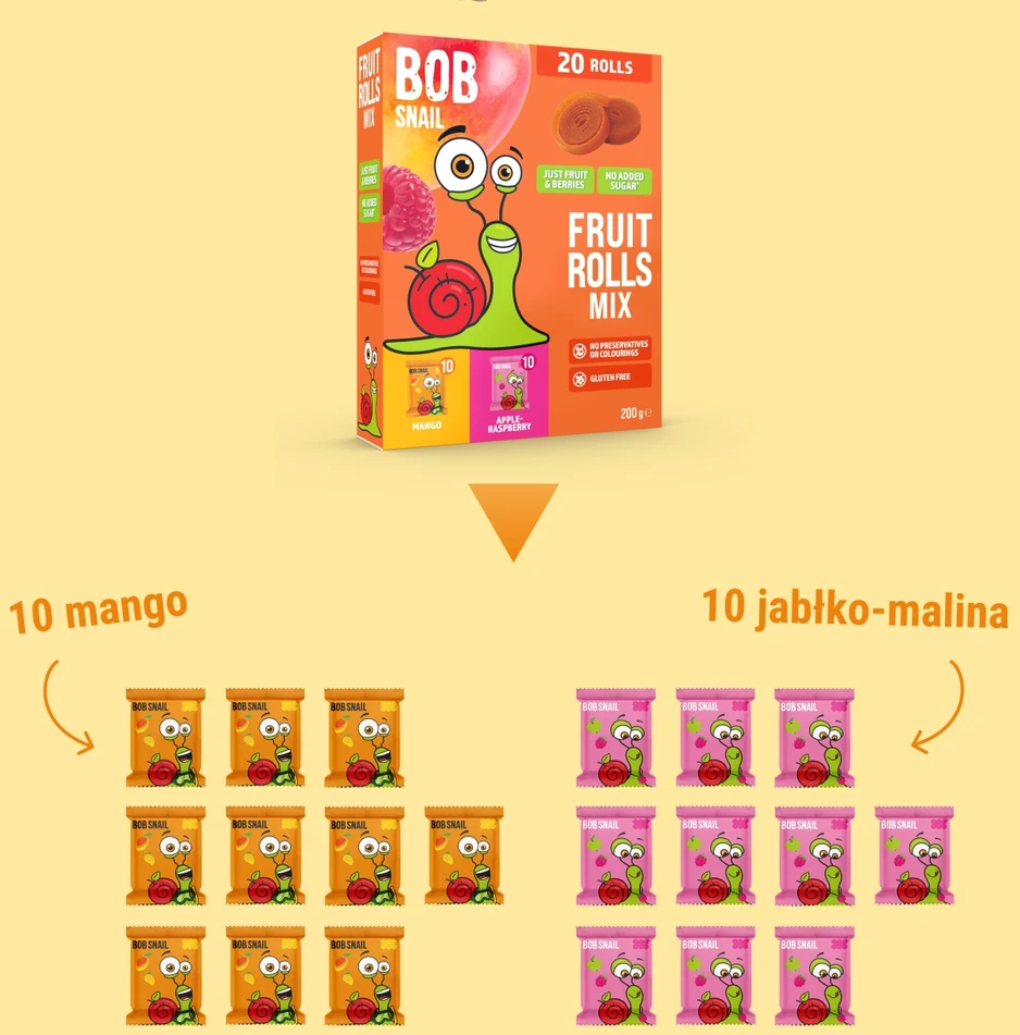 BOB SNAIL Mango Aviečių vaisių suktinukai 200g MIX 20vnt, be cukraus, be glitimo