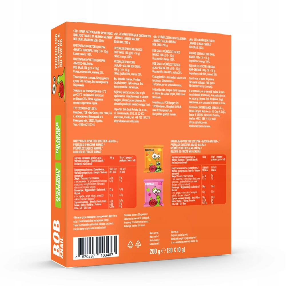 BOB SNAIL Mango Aviečių vaisių suktinukai 200g MIX 20vnt, be cukraus, be glitimo