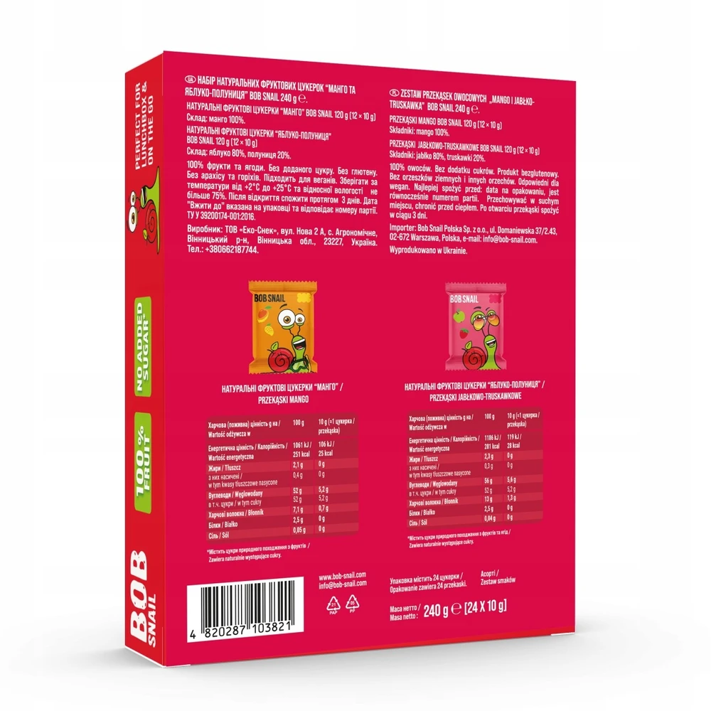 BOB SNAIL Mango Braškių vaisių suktinukai 240g MIX 24 vnt, be cukraus, vegan