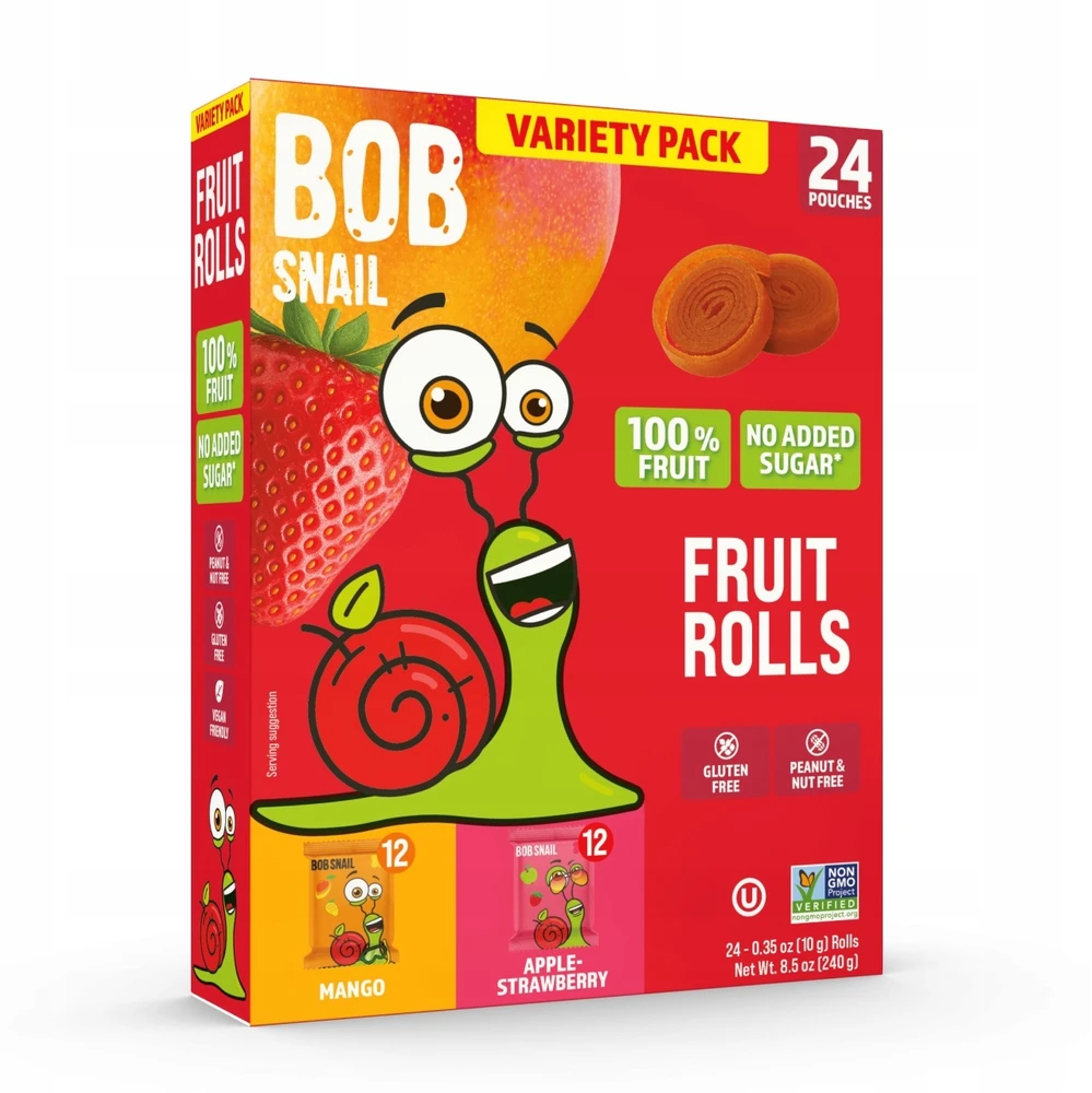 BOB SNAIL Mango Braškių vaisių suktinukai 240g MIX 24 vnt, be cukraus, vegan