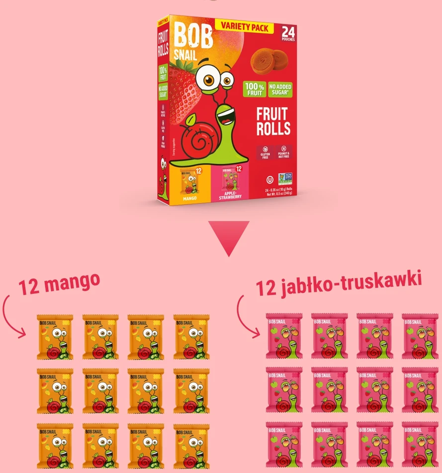 BOB SNAIL Mango Braškių vaisių suktinukai 240g MIX 24 vnt, be cukraus, vegan
