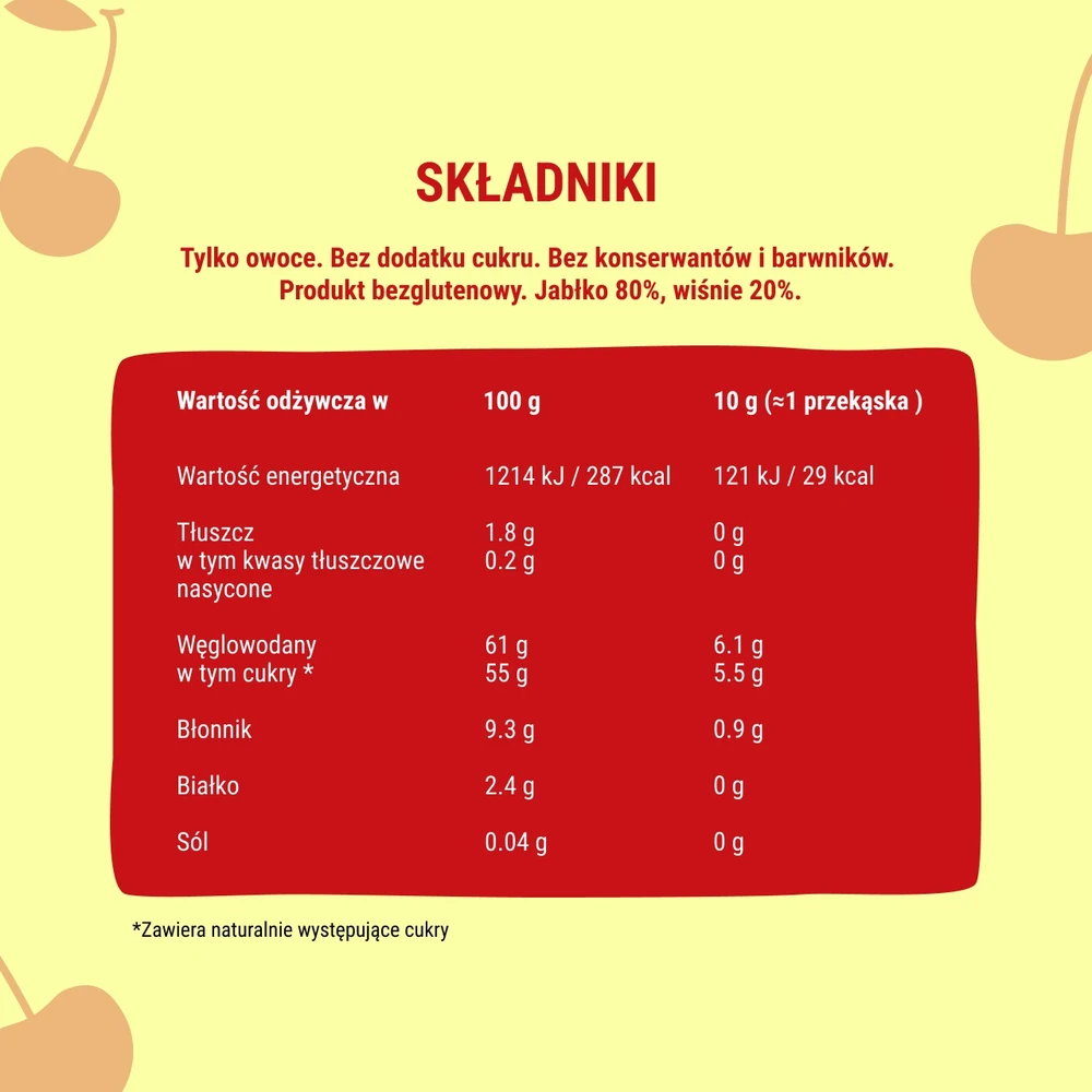 BOB SNAIL vaisiniai suktinukai VYŠNIŲ OBUOLIŲ SKOVIŲ MIŠINYS be cukraus 500g 50 vnt.