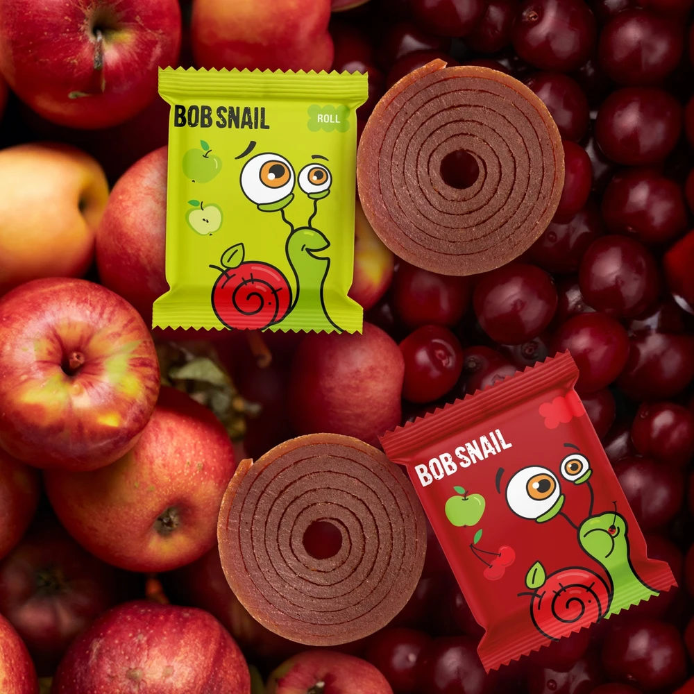 BOB SNAIL vaisiniai suktinukai VYŠNIŲ OBUOLIŲ SKOVIŲ MIŠINYS be cukraus 500g 50 vnt.