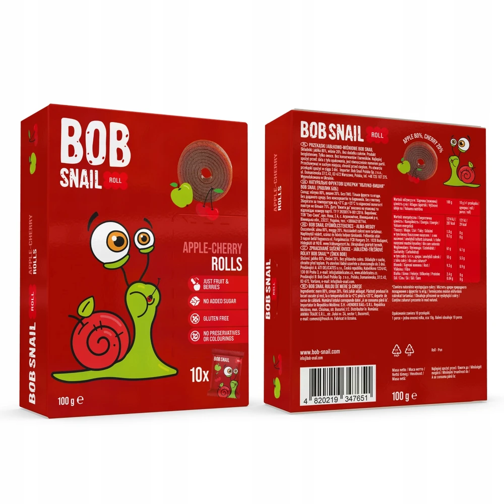BOB SNAIL vaisiniai suktinukai VYŠNIŲ OBUOLIŲ SKOVIŲ MIŠINYS be cukraus 500g 50 vnt.