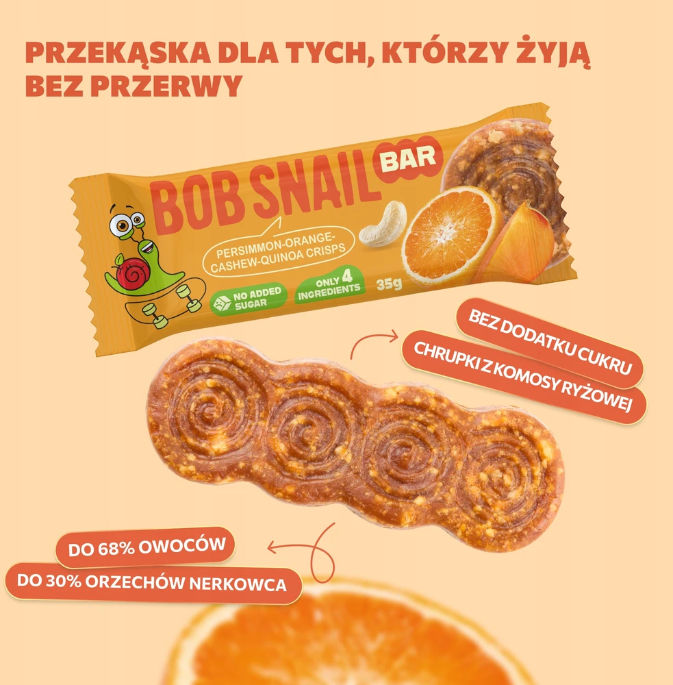 BOB SNAIL vaisių batonėlis KAKI Oranžinis CASHEWS be pridėtinio cukraus 15x35 g
