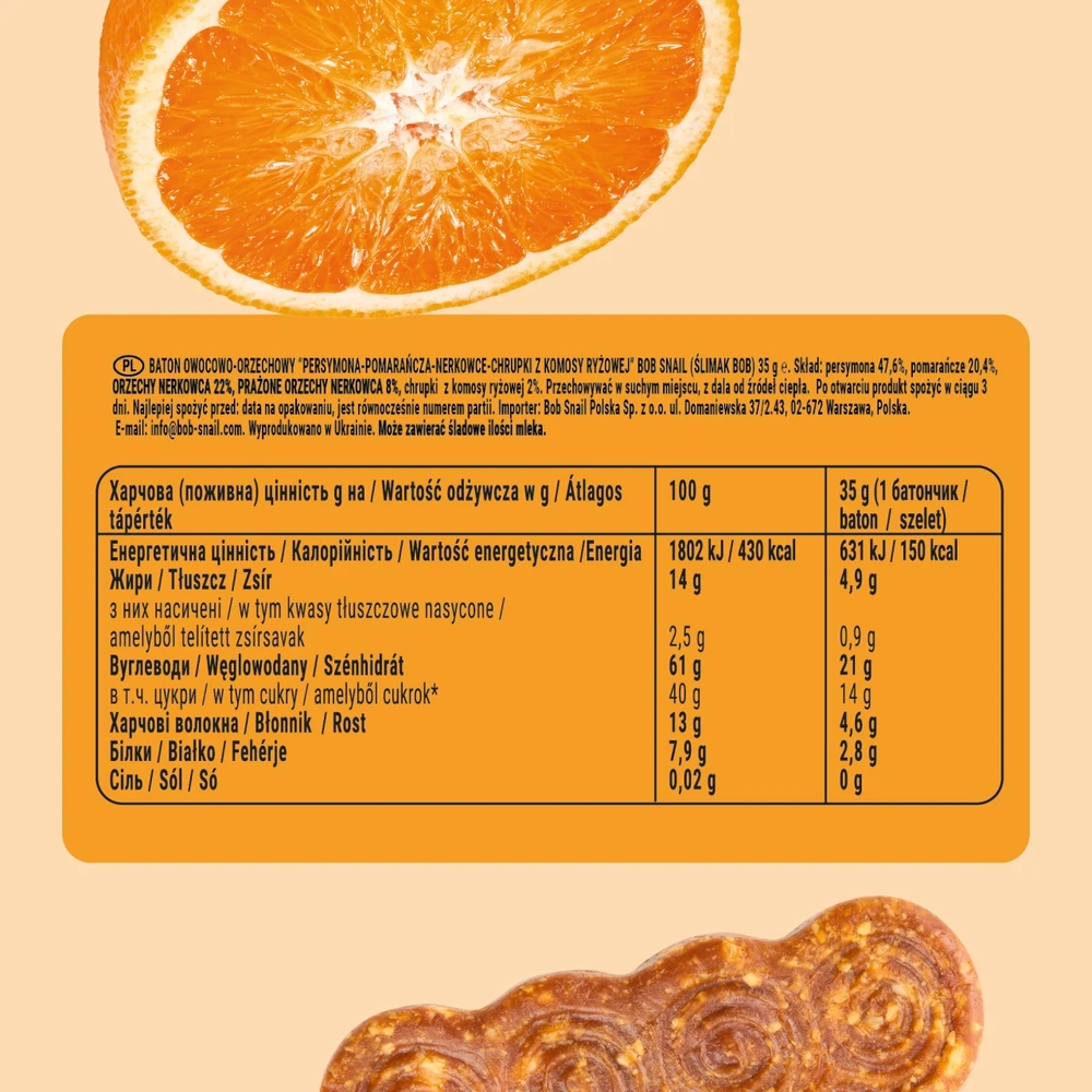 BOB SNAIL vaisių batonėlis KAKI Oranžinis CASHEWS be pridėtinio cukraus 15x35 g