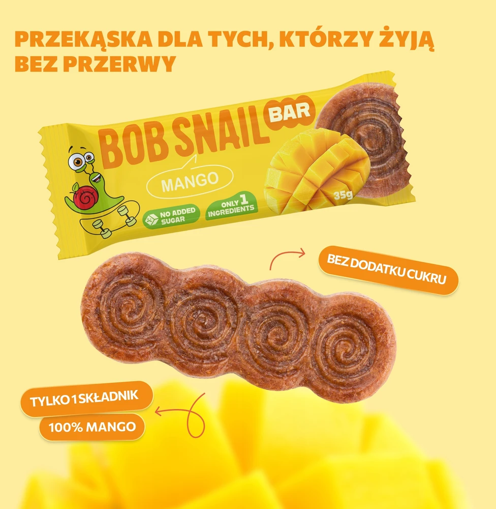 BOB SNAIL vaisių batonėlis MANGO 100% be pridėtinio cukraus, glitimo, laktozės 15x35g