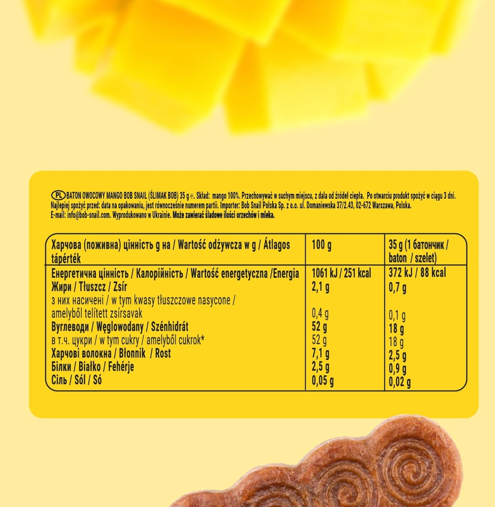 BOB SNAIL vaisių batonėlis MANGO 100% be pridėtinio cukraus, glitimo, laktozės 15x35g