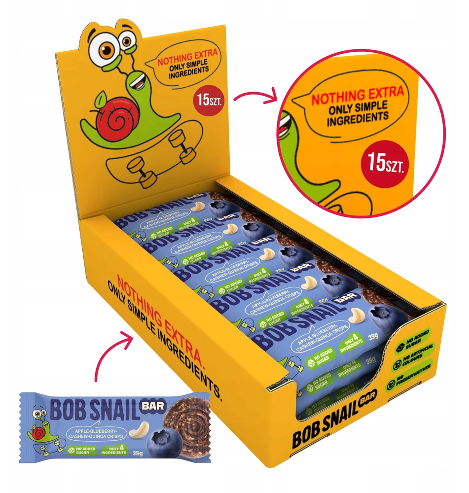 BOB SNAIL vaisių batonėlis OBUOLIŲ BLUEBERRY anakardžiai be pridėtinio cukraus 15x35 g