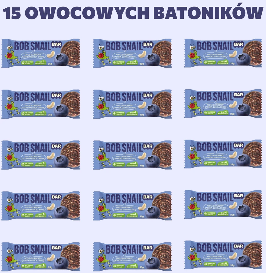 BOB SNAIL vaisių batonėlis OBUOLIŲ BLUEBERRY anakardžiai be pridėtinio cukraus 15x35 g