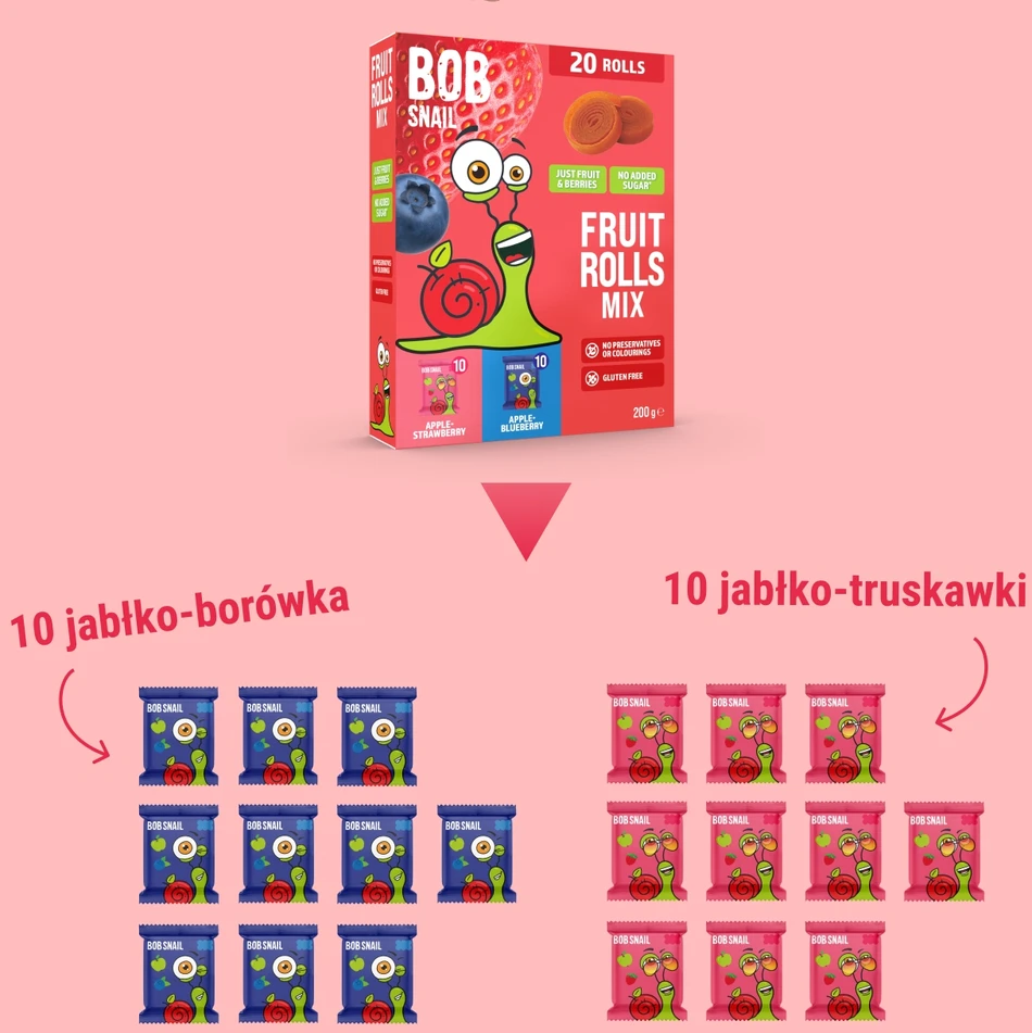 BOB SNAIL vaisių suktinukai Braškių mėlynių 200g MIX 20 vnt, be cukraus, veganiški