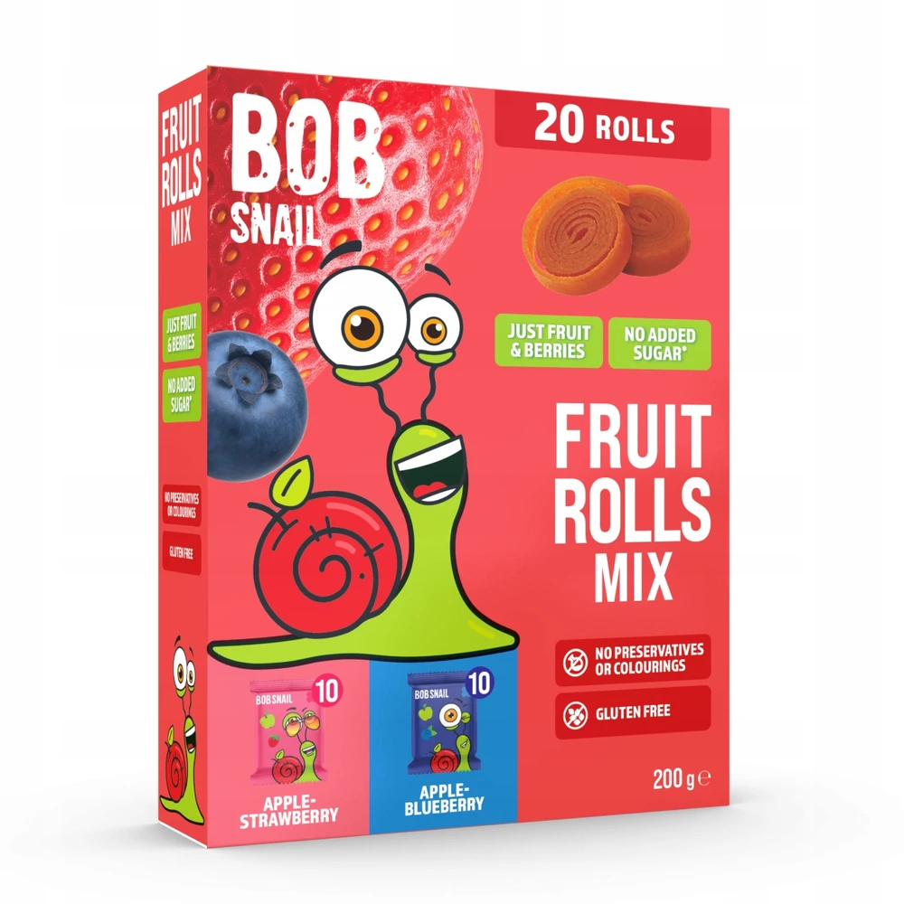BOB SNAIL vaisių suktinukai Braškių mėlynių 200g MIX 20 vnt, be cukraus, veganiški
