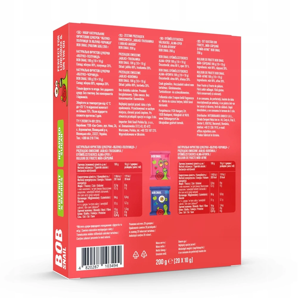 BOB SNAIL vaisių suktinukai Braškių mėlynių 200g MIX 20 vnt, be cukraus, veganiški