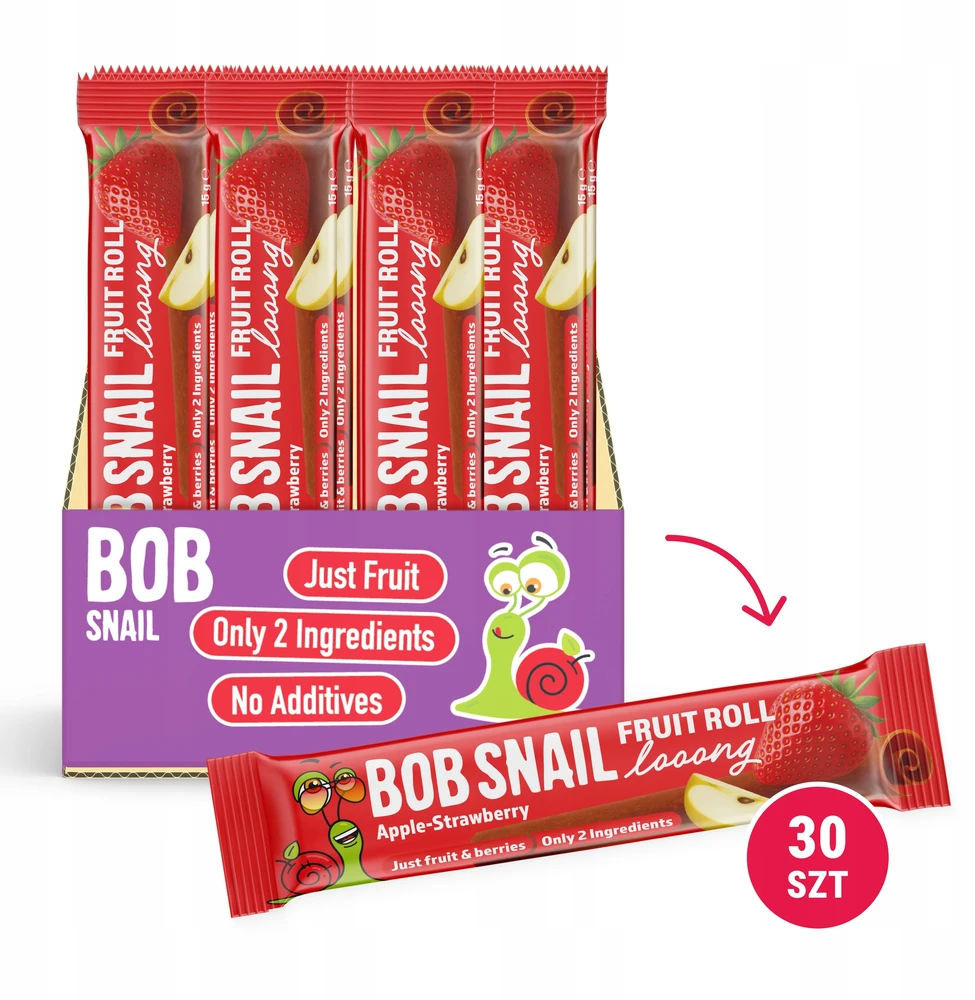 BOB SNAIL vaisių suktinukai Looong obuolių braškių rinkinys 30x15g BE CUKRAUS