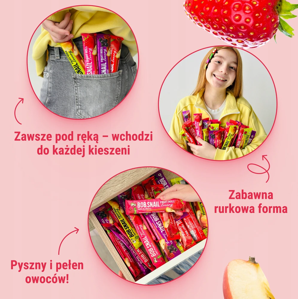 BOB SNAIL vaisių suktinukai Looong obuolių braškių rinkinys 30x15g BE CUKRAUS