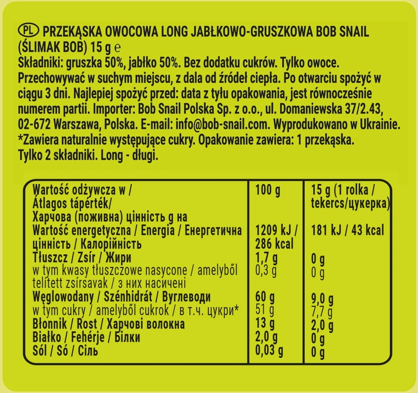 BOB SNAIL vaisių suktinukai Looong obuolių kriaušių rinkinys 30vnt x15g BE CUKRAUS