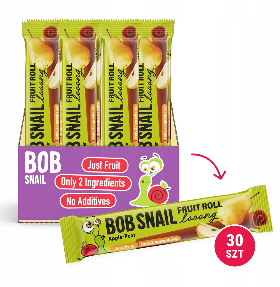 BOB SNAIL vaisių suktinukai Looong obuolių kriaušių rinkinys 30vnt x15g BE CUKRAUS