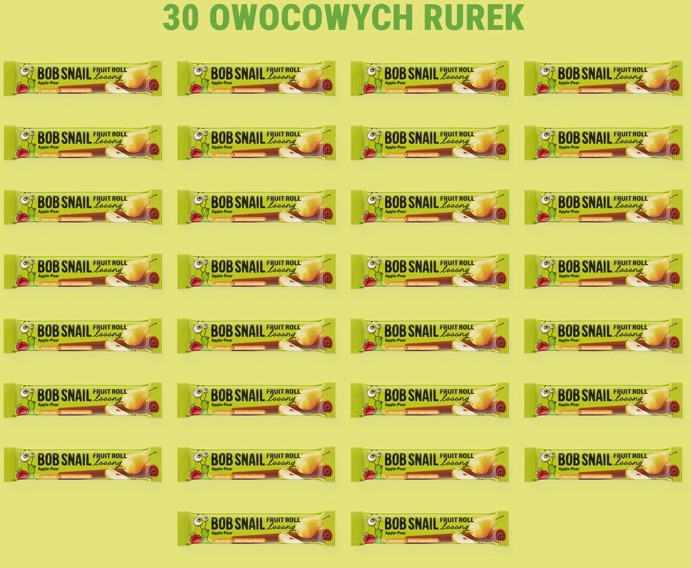BOB SNAIL vaisių suktinukai Looong obuolių kriaušių rinkinys 30vnt x15g BE CUKRAUS