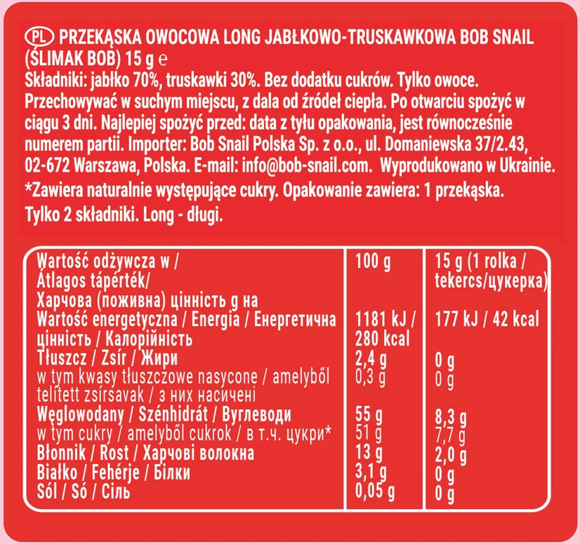 BOB SNAIL vaisių suktinukai Looong obuolių braškių rinkinys 30x15g BE CUKRAUS